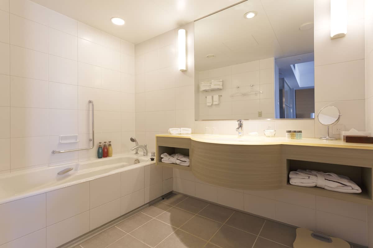 combined shower/bathtub, free toiletries, hair dryer, slippers