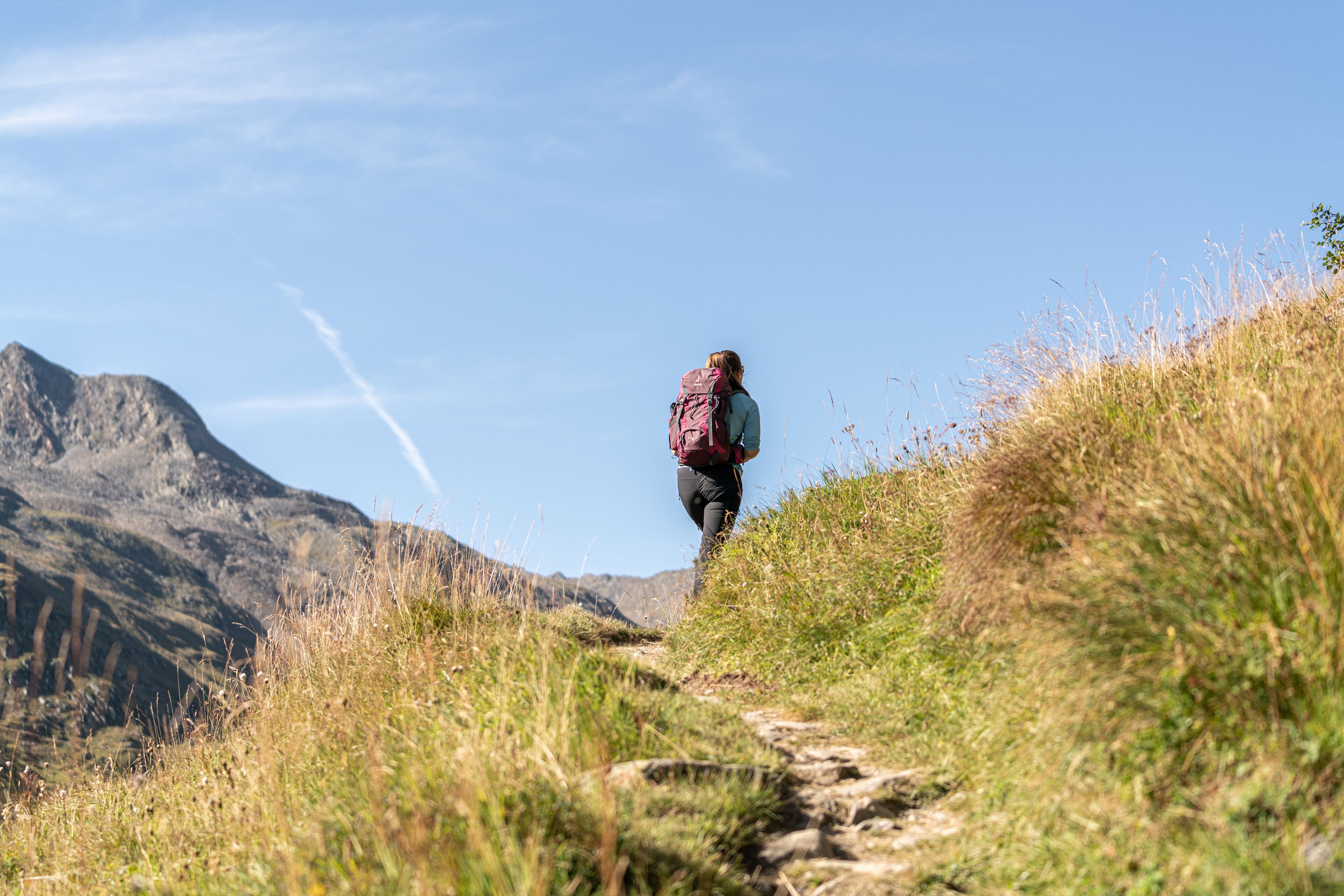 A person hiking on a trail with mountains in the background.