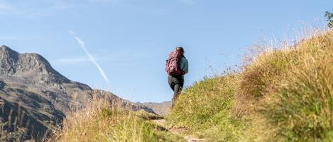 A person hiking on a trail with mountains in the background.
