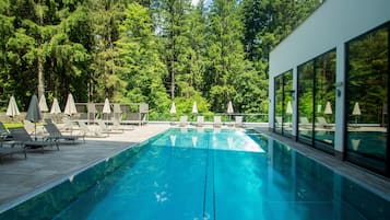 Indoor pool, outdoor pool, pool umbrellas, sun loungers