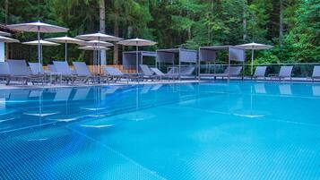 Indoor pool, outdoor pool, pool umbrellas, sun loungers