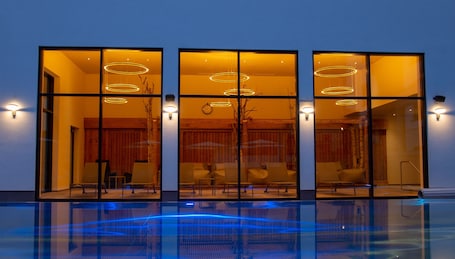 Indoor pool, outdoor pool, pool umbrellas, sun loungers