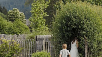 Stroll through a lush garden area surrounded by a natural frame of greenery and towering trees.