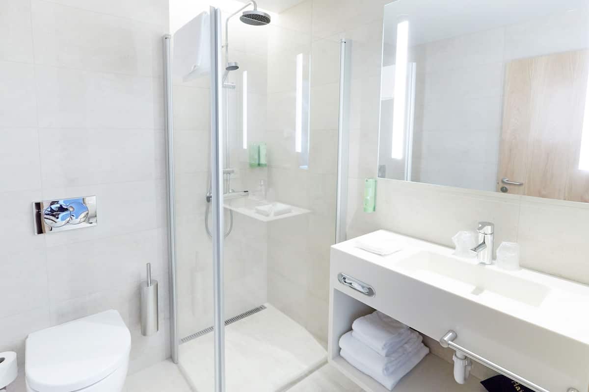 standard double or twin room | bathroom | shower, rainfall showerhead, hair dryer, towels