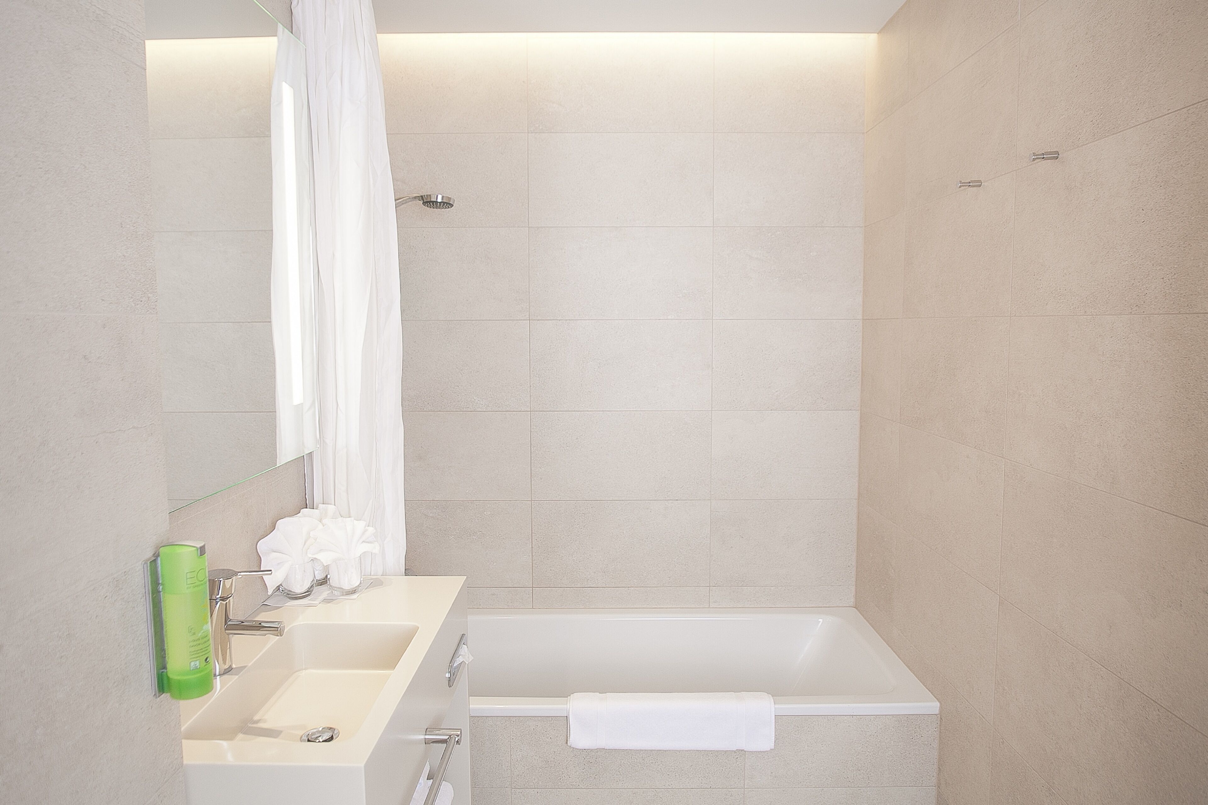 superior double and sofabed | bathroom | shower, rainfall showerhead, hair dryer, towels