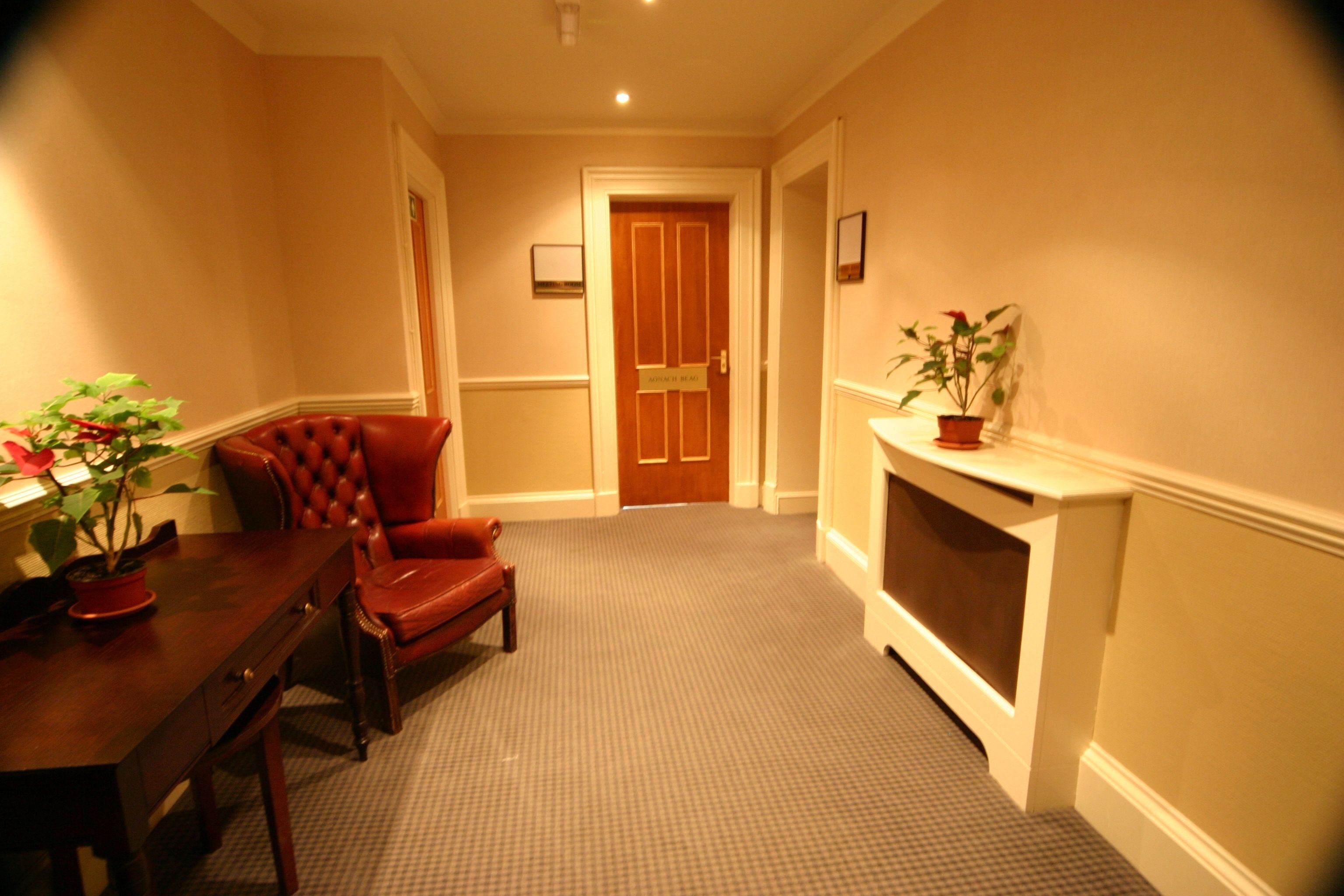 A hallway with a wooden door, a fireplace, a dining table with chairs, and a potted plant.