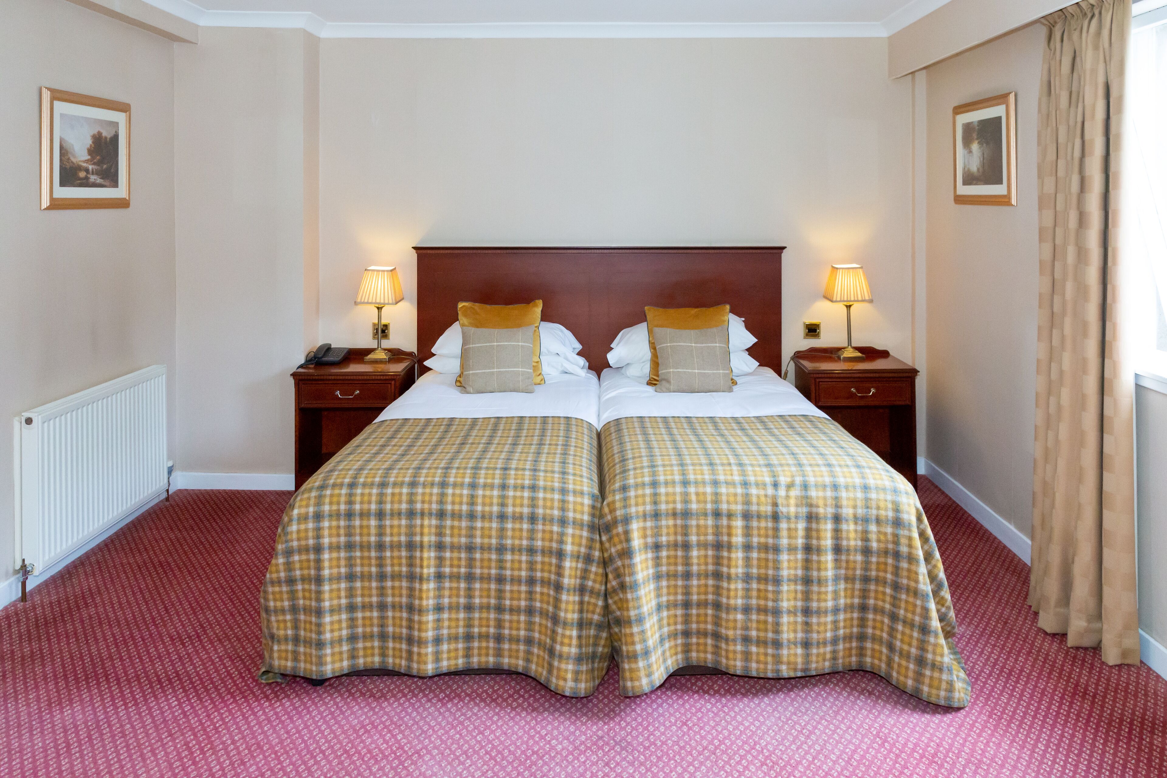 A double bed with a plaid bedspread and two pillows, flanked by nightstands with lamps, in a room with a red carpet and beige walls.