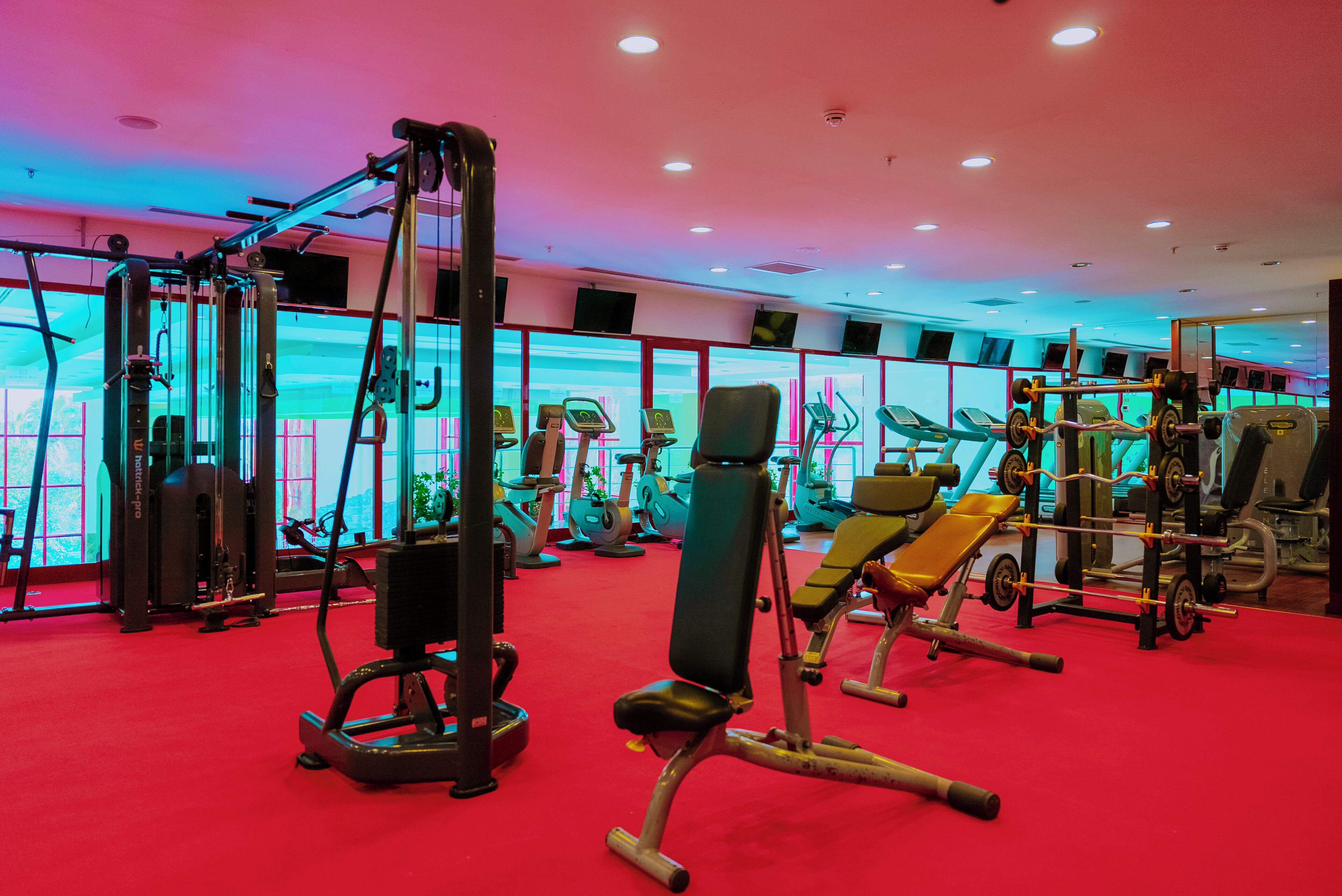 A gym with various exercise equipment, including weight machines and cardio machines, arranged on a red carpeted floor.