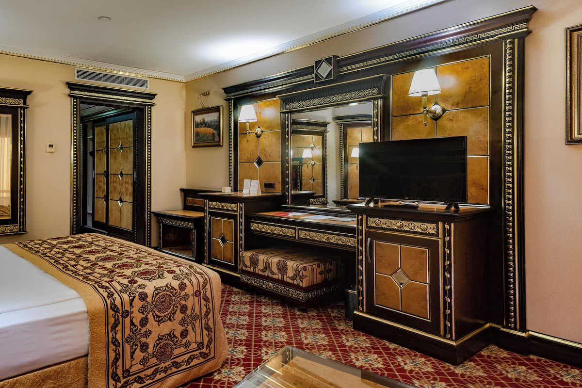 A hotel room with a bed, a desk, a television, and a large mirror.