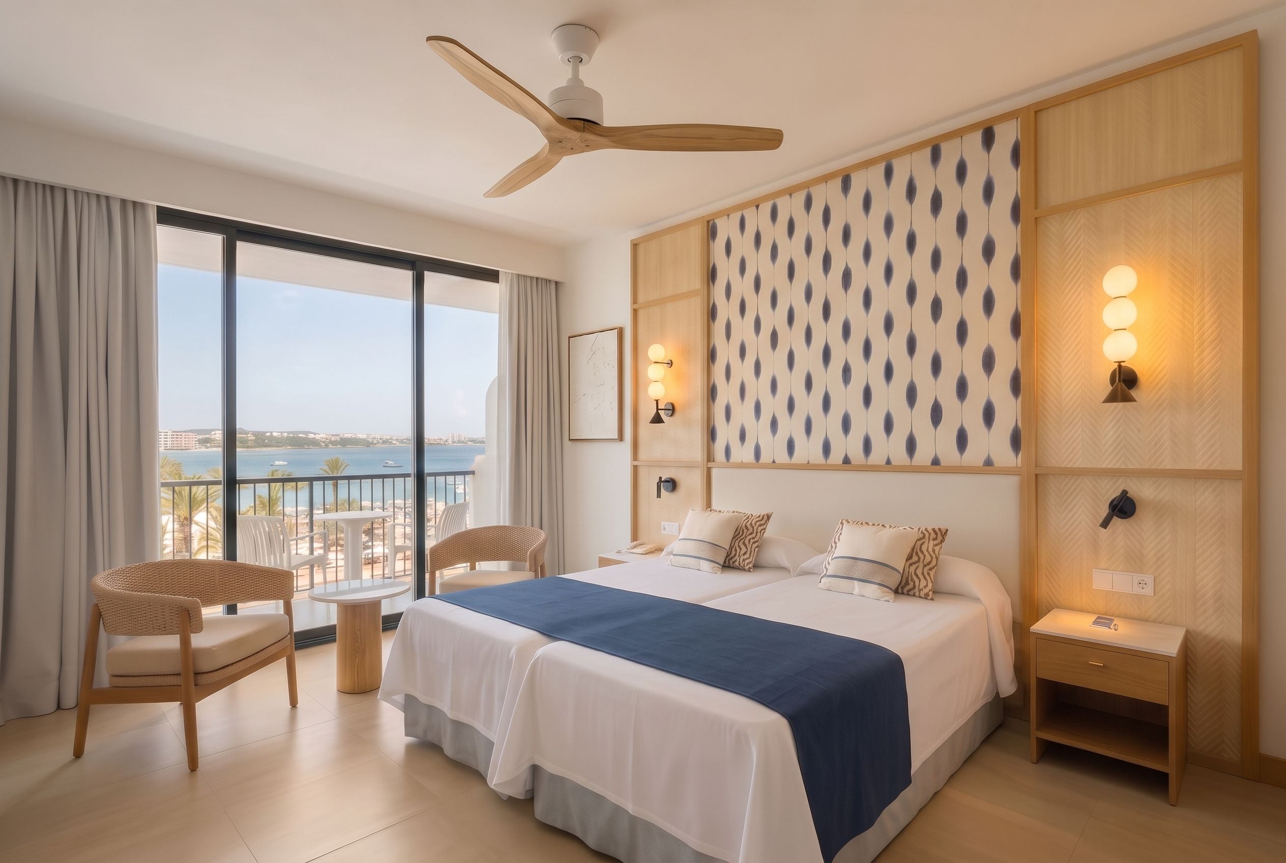 Een hotelkamer met een bed, een bureau, een stoel, een plafondventilator en een groot raam met uitzicht op zee.