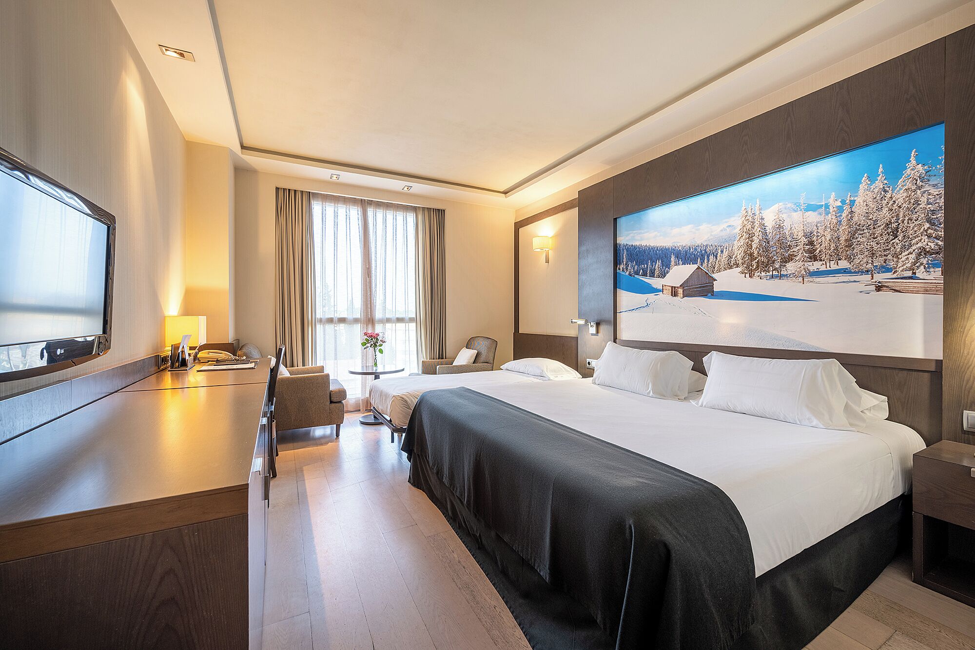 A hotel room with a bed, a desk, a chair, a TV, and a large window with curtains.