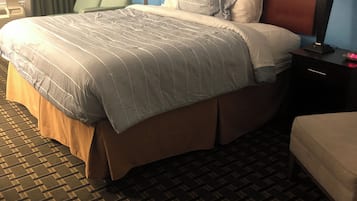 Desk, laptop workspace, blackout drapes, iron/ironing board