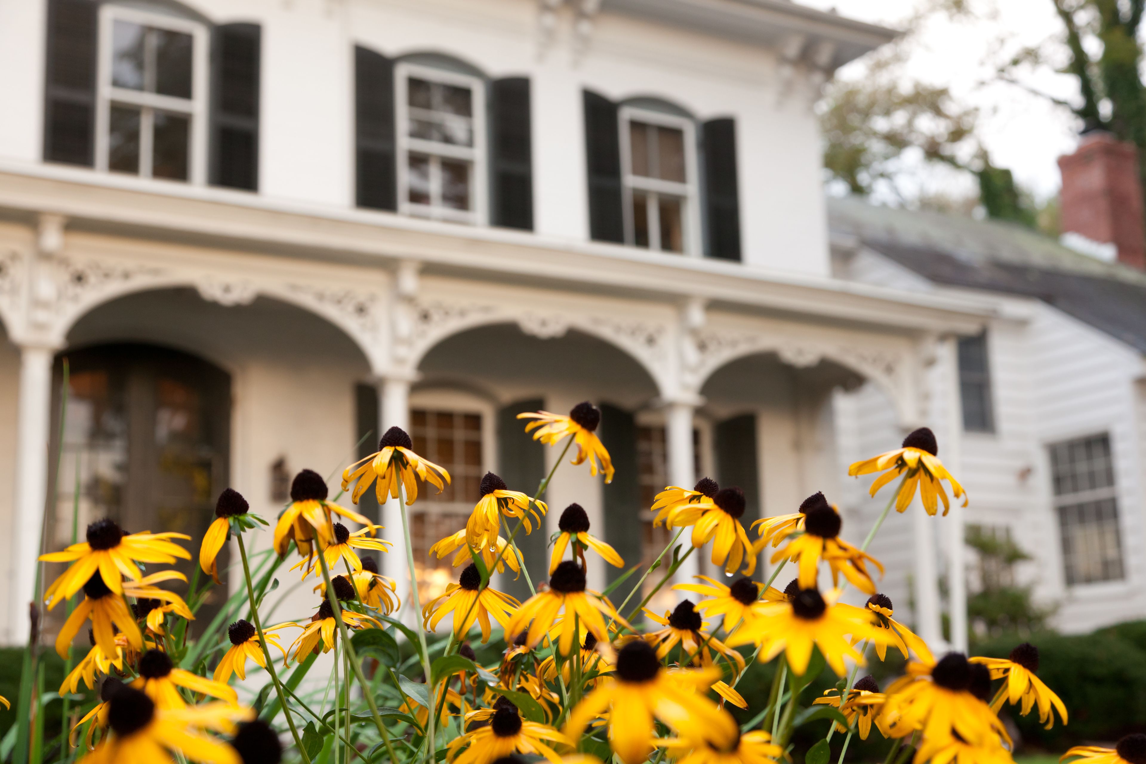A white building with black shutters and a porch.
