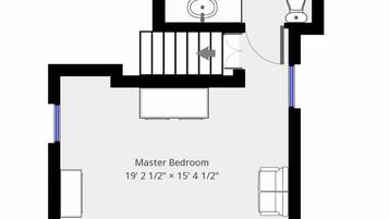Grundriss eines Schlafzimmers mit en suite Bad. Das Schlafzimmer ist 19 Fuß 2,5 Zoll mal 15 Fuß 4,5 Zoll groß. Das Badezimmer misst 9 Fuß 11 Zoll mal 7 Fuß 6,5 Zoll.