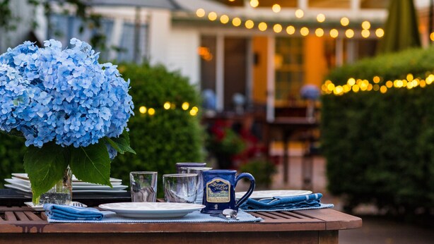 Una mesa dispuesta con platos, vasos, una taza y una hortensia azul.
