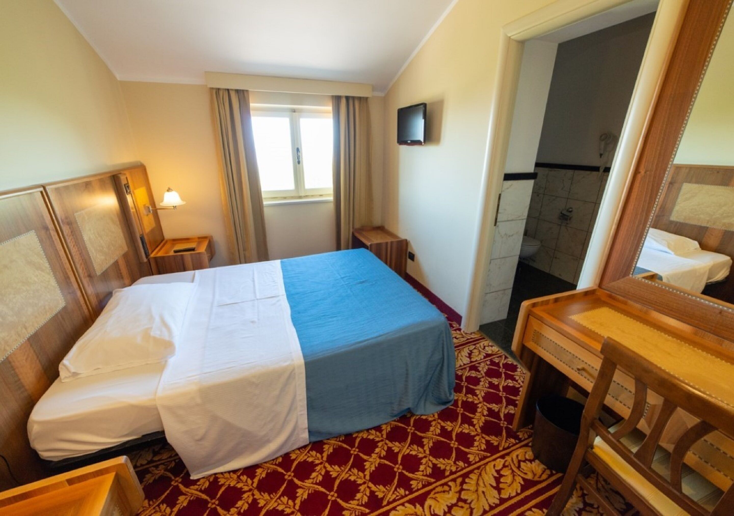 A hotel room with a bed, a desk, a chair, a television, and a shower area.