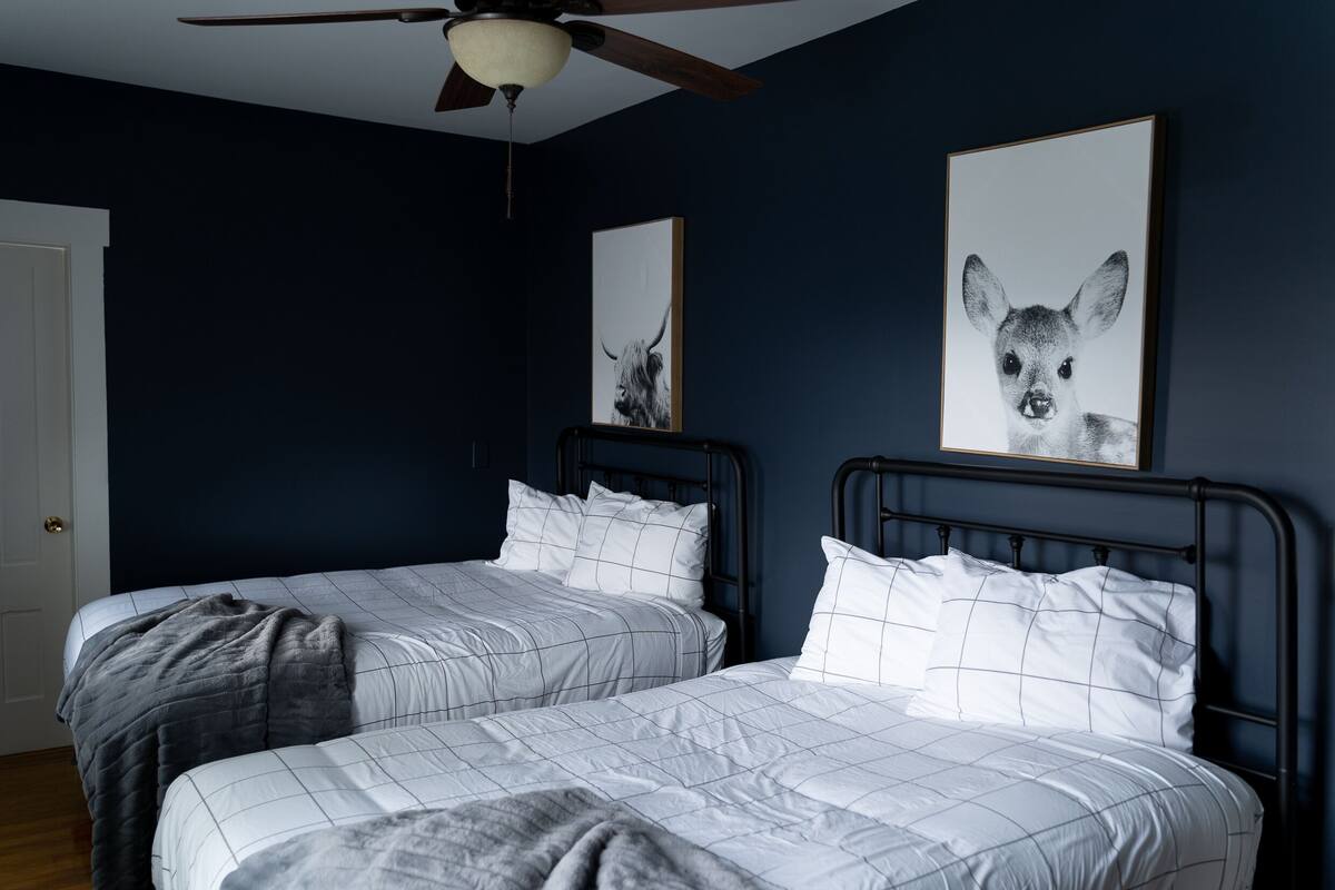 A bedroom with two beds, dark walls, ceiling fan, and two framed pictures on the wall.