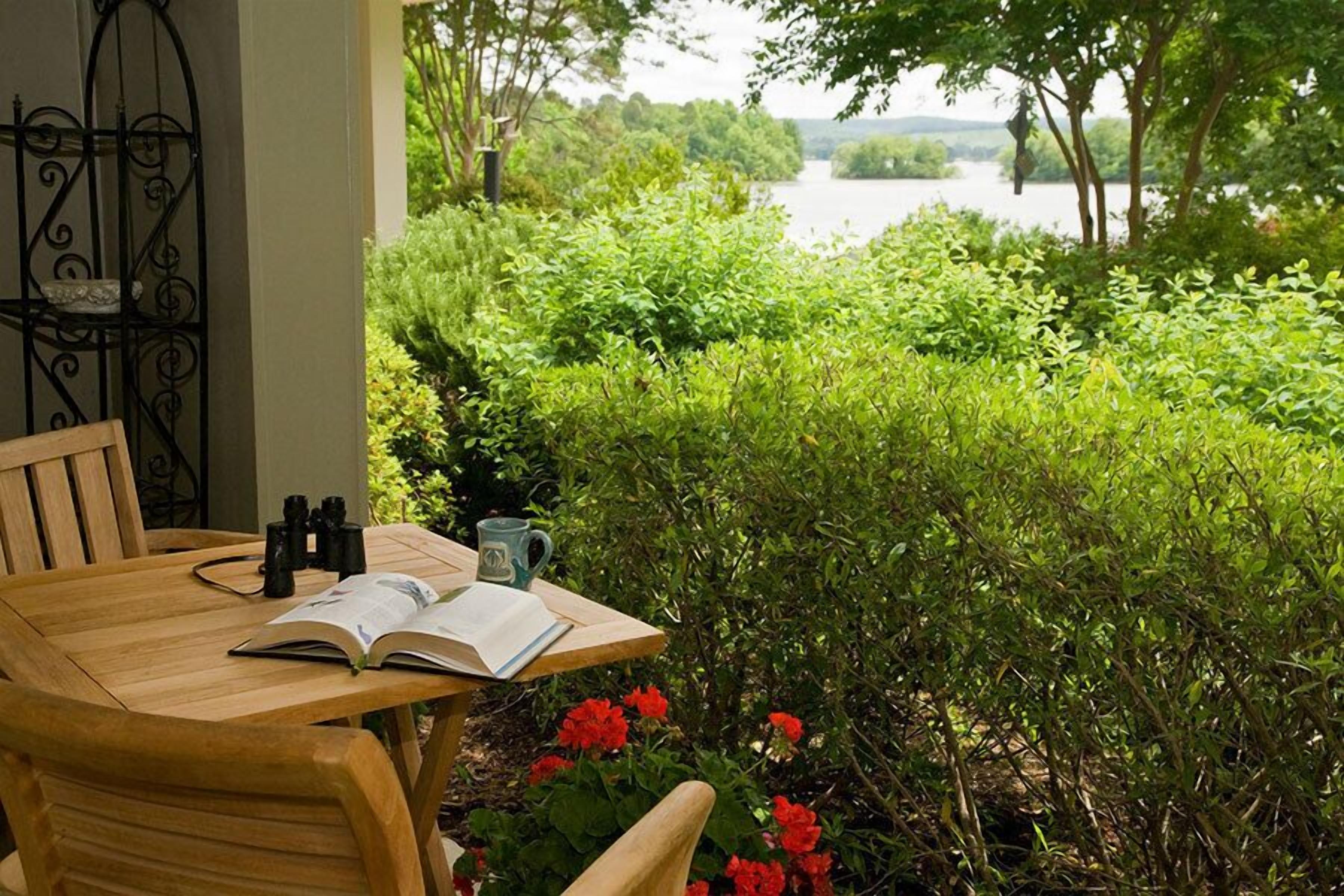 A wooden table with an open book, binoculars, and a mug, set against a lush garden with red flowers and a view of a lake.