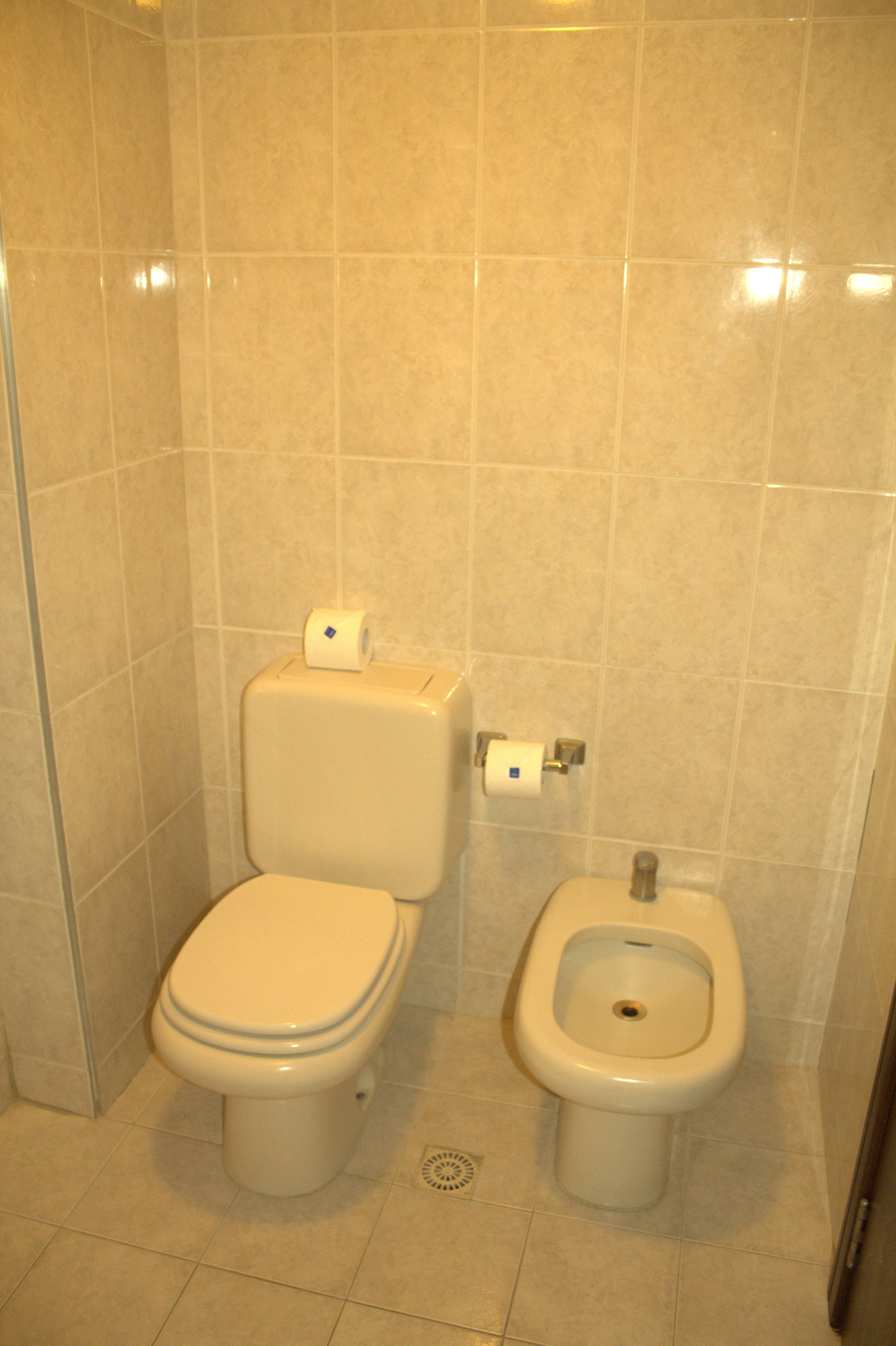 A bathroom with a toilet and bidet.