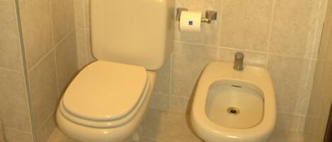 A bathroom with a toilet and bidet.