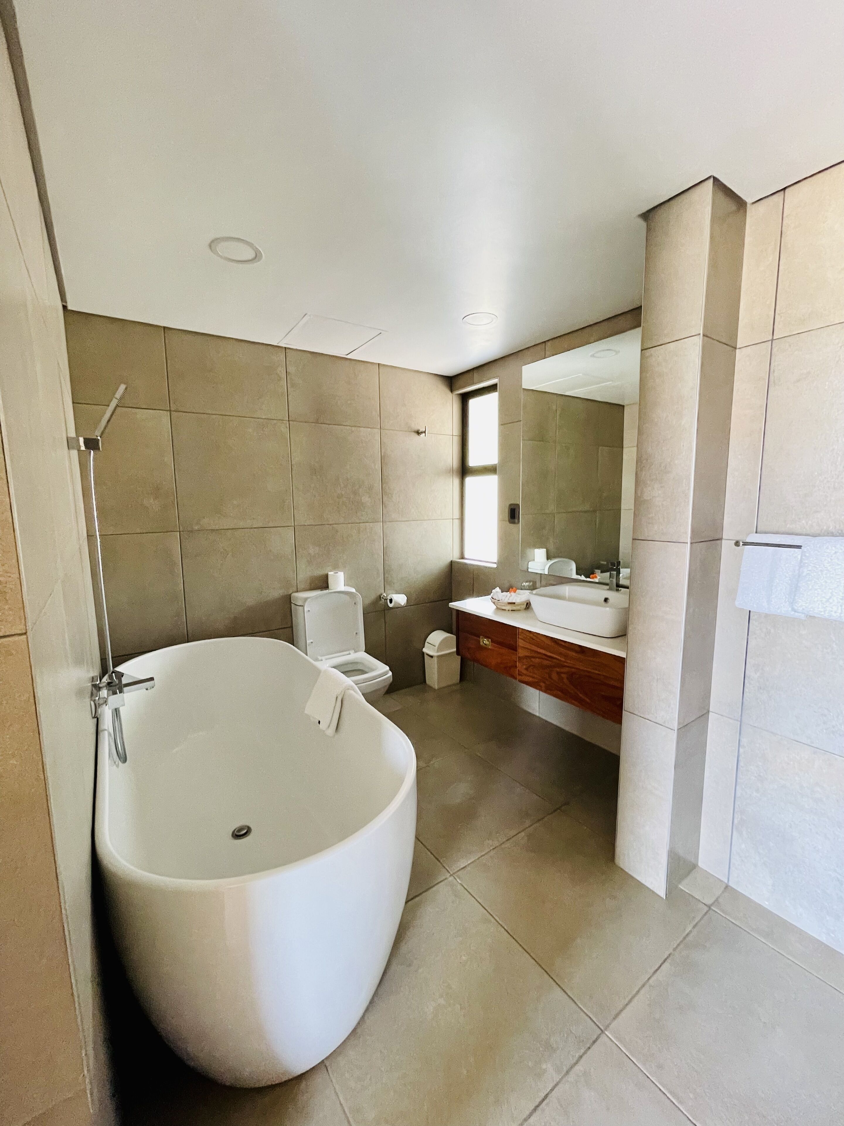 executive suite room | bathroom | bathtub, hair dryer, towels
