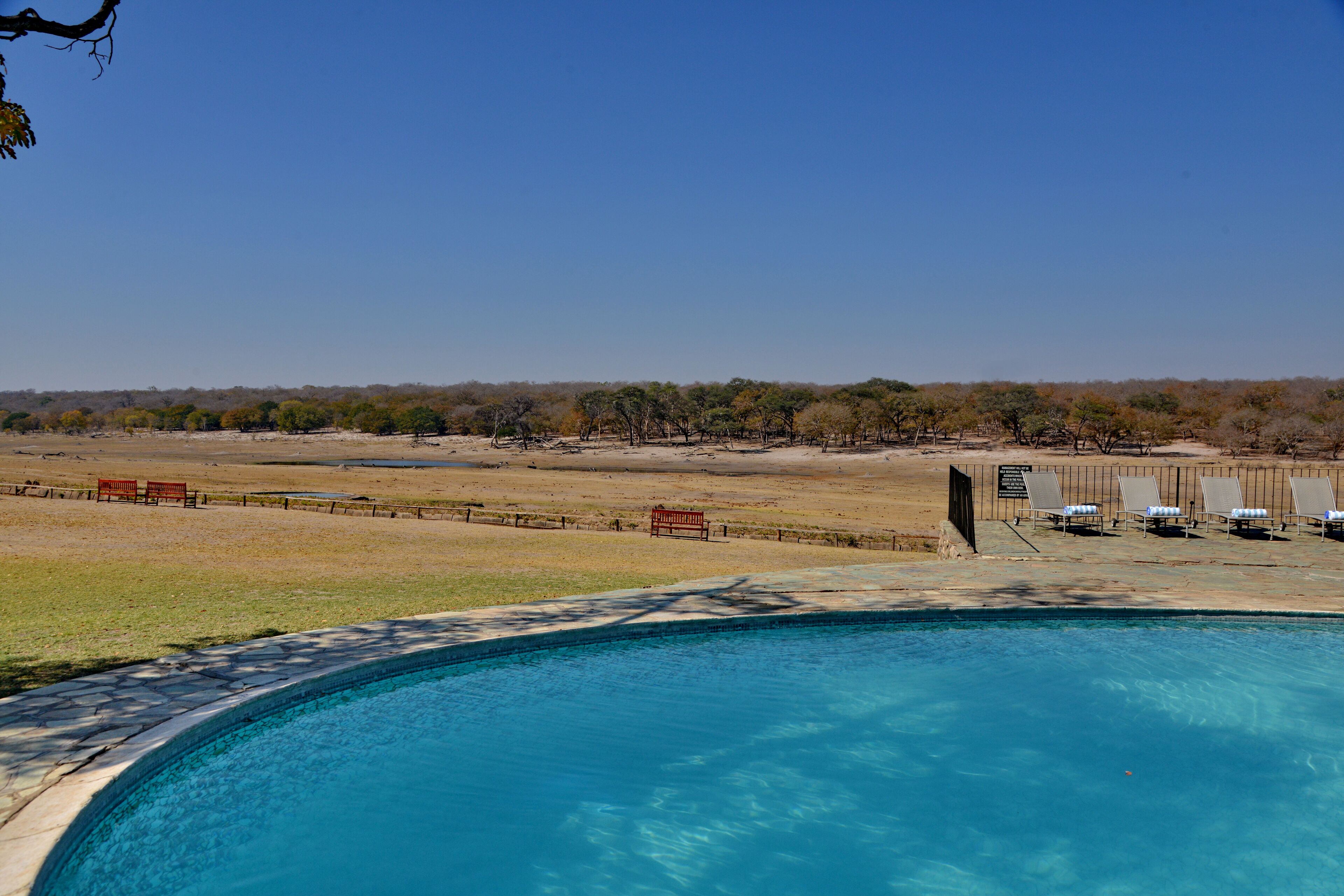 A swimming pool with a clear view of the surrounding landscape, including a fenced area and a bench.