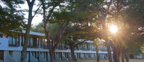 A building with a modern architectural design, featuring a series of balconies and large windows.