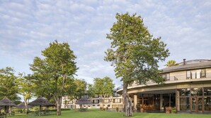A hotel courtyard with open seating areas, large trees, and a building with multiple windows and balconies. - Hwange Safari Lodge (Dete)