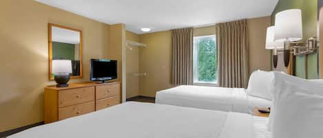 Studio, 2 Double Beds, Non Smoking | Desk, laptop workspace, blackout drapes, iron/ironing board