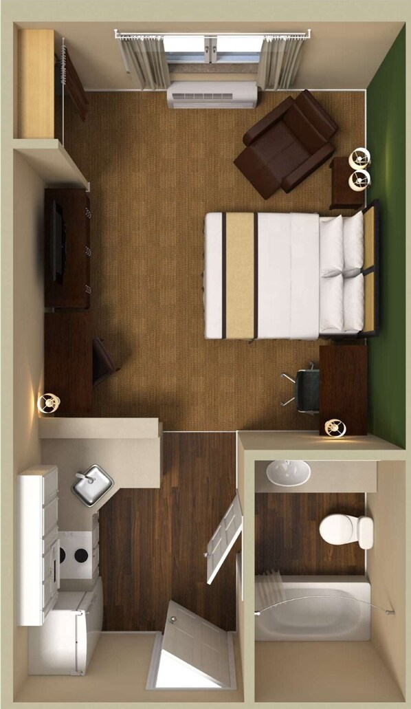 Escritorio, espacio para trabajar con un portátil, cortinas opacas