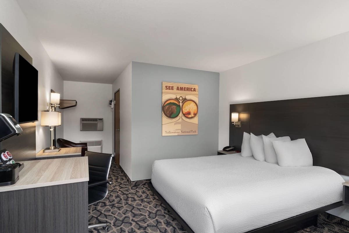A hotel room with a bed, a desk, a chair, a TV, a poster, and a patterned carpet.