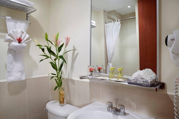A bathroom with a toilet, sink, mirror, towel rack, and a shelf with toiletries. - Comfort Inn Real San Miguel (San Miguel)