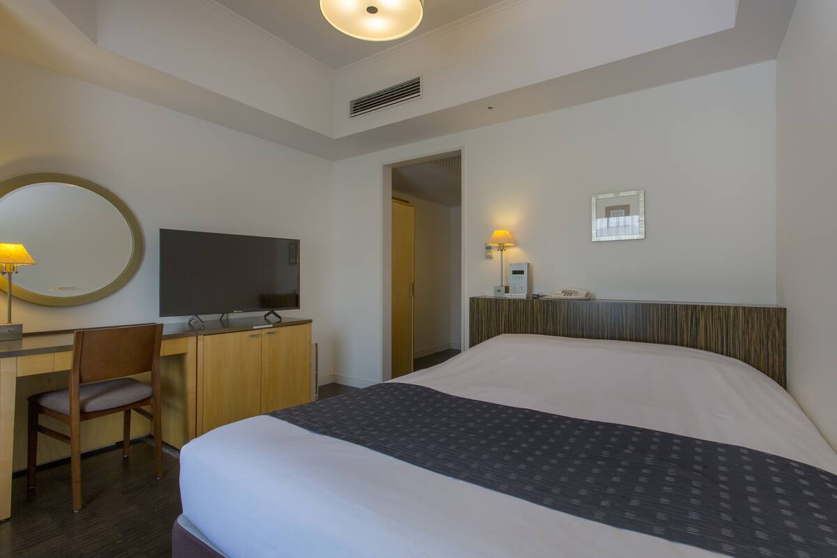 A hotel room with a bed, desk, chair, TV, and a mirror.