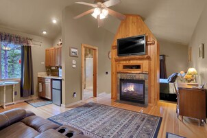 Luxury Cabin, 1 King Bed, Hot Tub, Mountain View | Living area | 42-inch flat-screen TV with cable channels, TV, fireplace