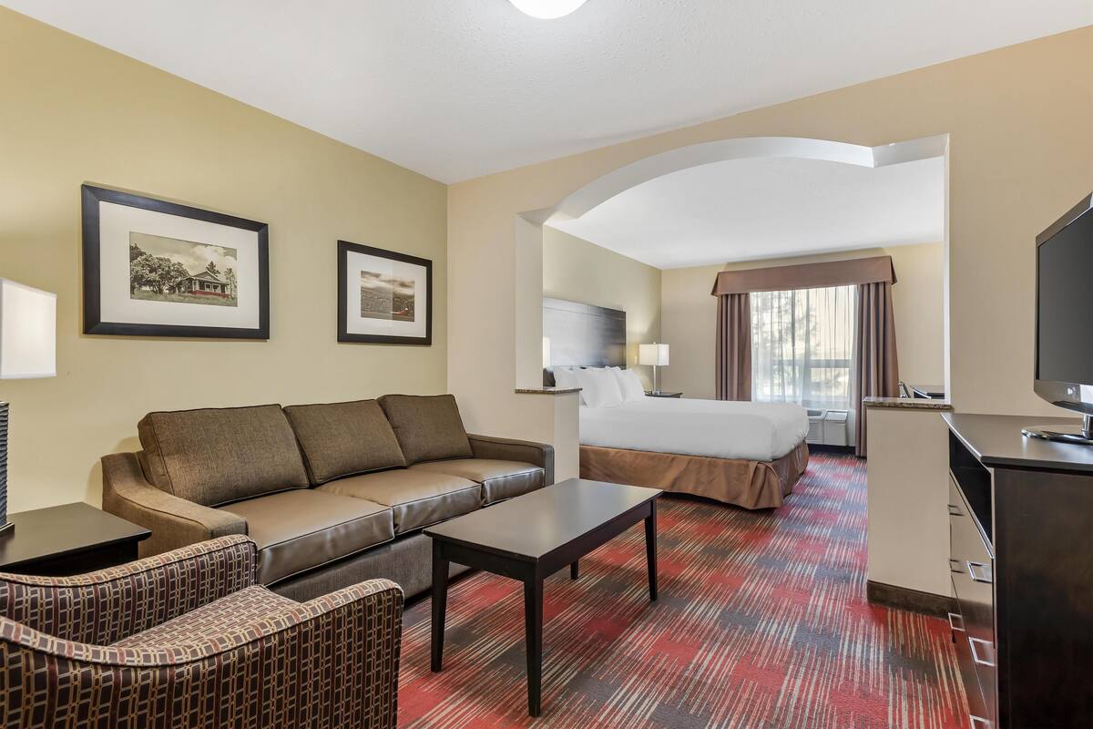 A hotel room with a sofa, a bed, a desk, and a TV.
