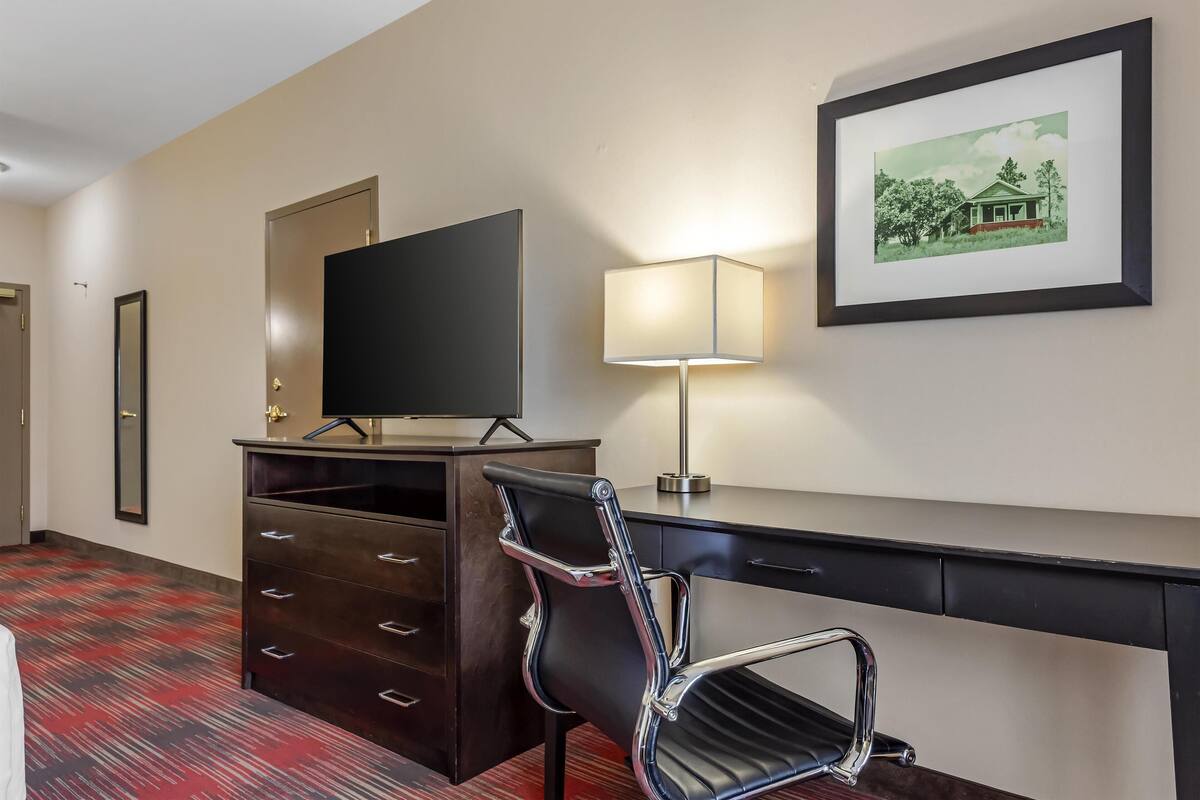 A hotel room with a desk, a chair, a television, a lamp, and a framed picture on the wall.