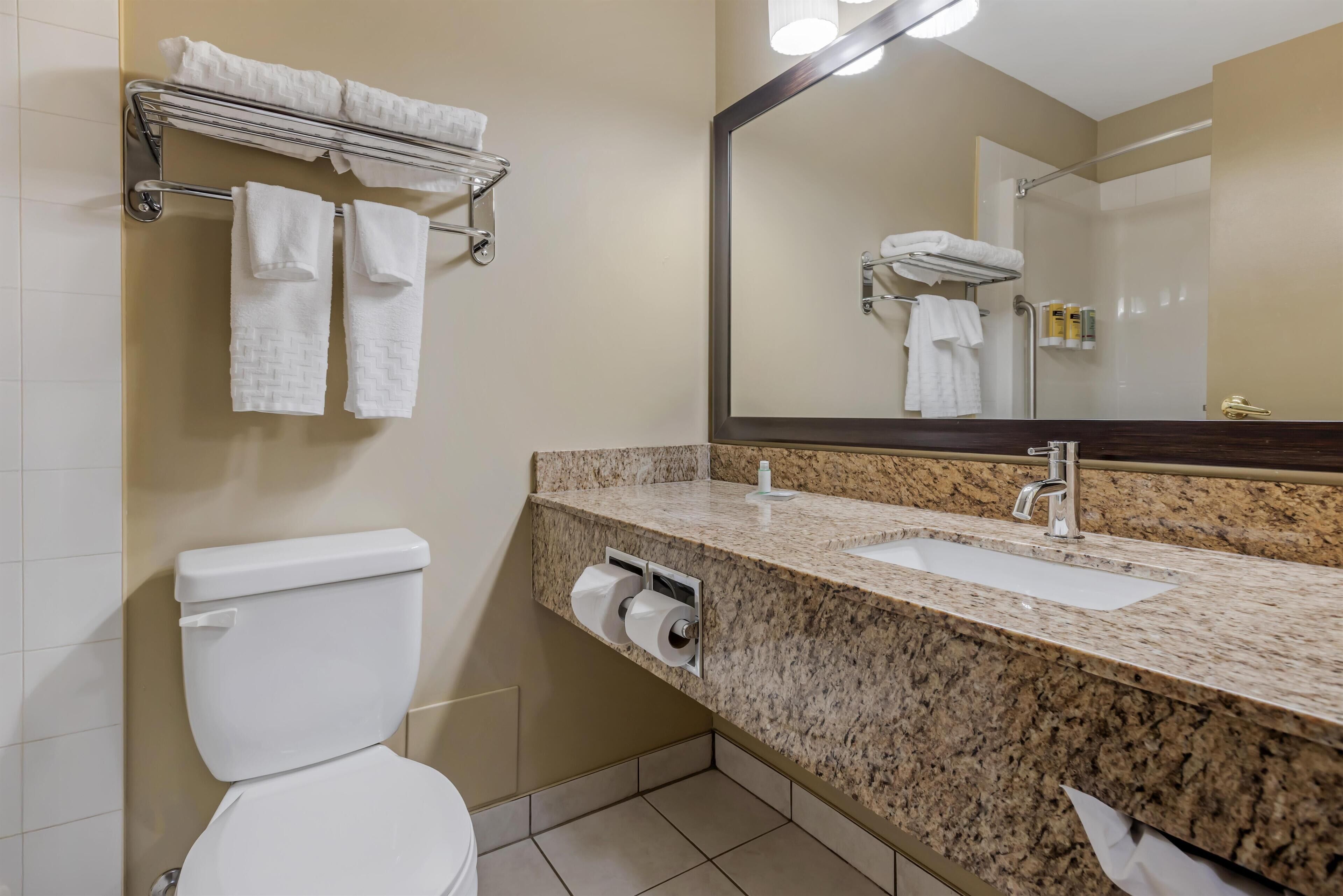 A bathroom with a white toilet, a granite sink, a mirror, and a towel rack with multiple towels.