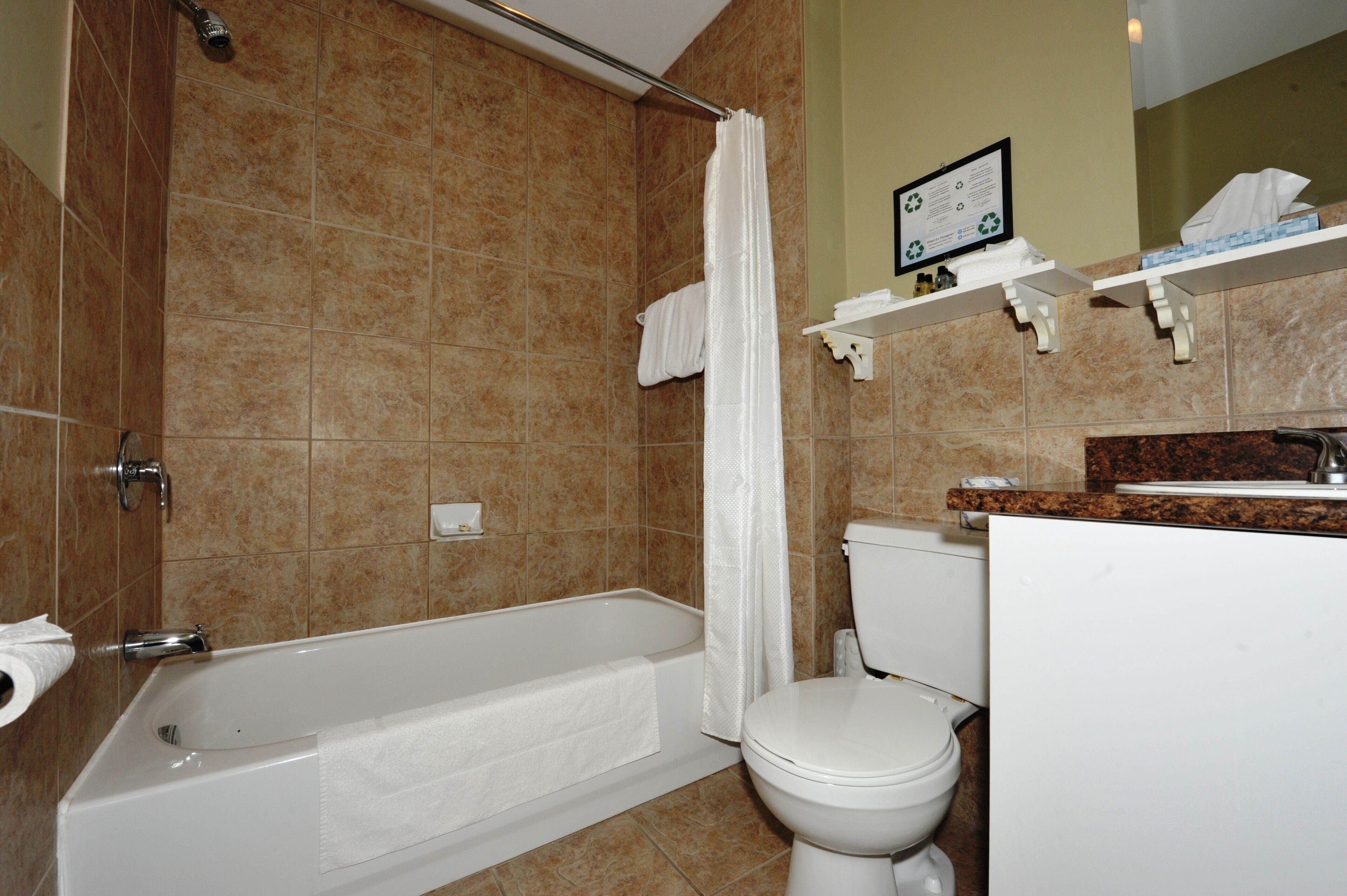 classic room, 2 queen beds, pets allowed | bathroom | hair dryer, towels, soap, shampoo