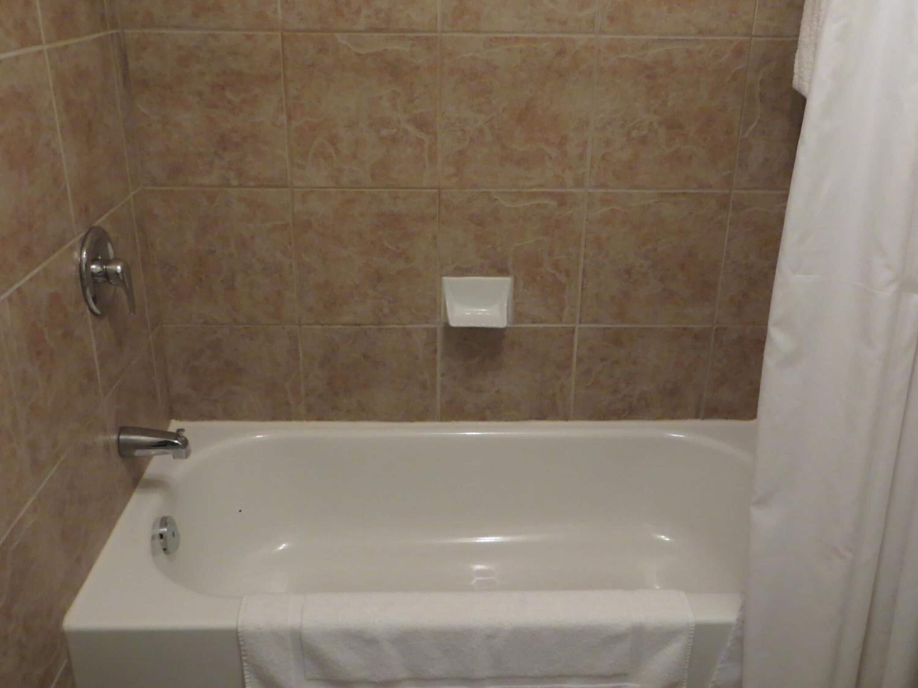 Un baño con una bañera blanca, una cortina de ducha y un dispensador de jabón de pared.