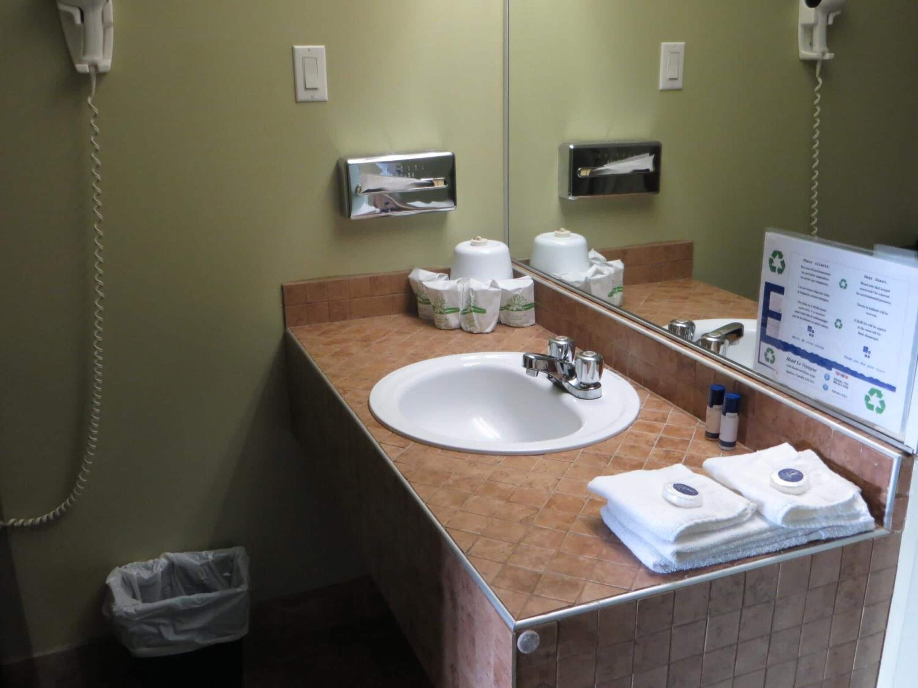A bathroom with a sink, mirror, and toiletries.
