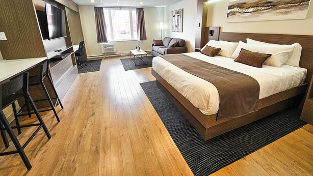 Una habitación de hotel moderna con una cama grande, un escritorio, una silla y un televisor.
