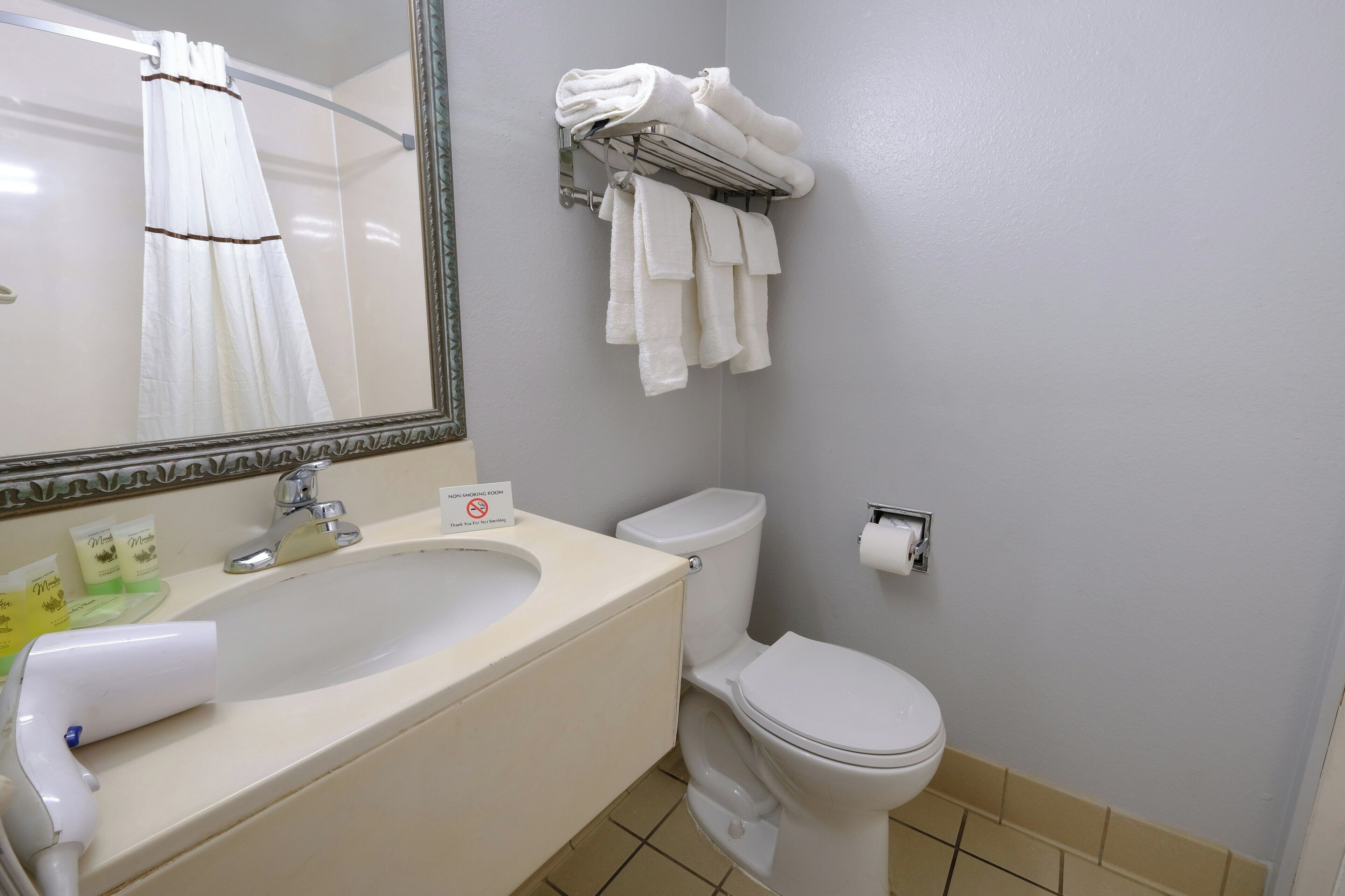Un baño con lavamanos, espejo, inodoro y toallero.