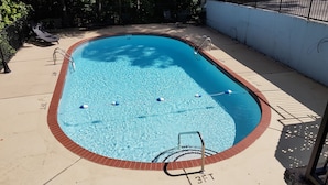 Una piscina rectangular con borde de ladrillo rojo, agua azul cristalina y una escalera de piscina.