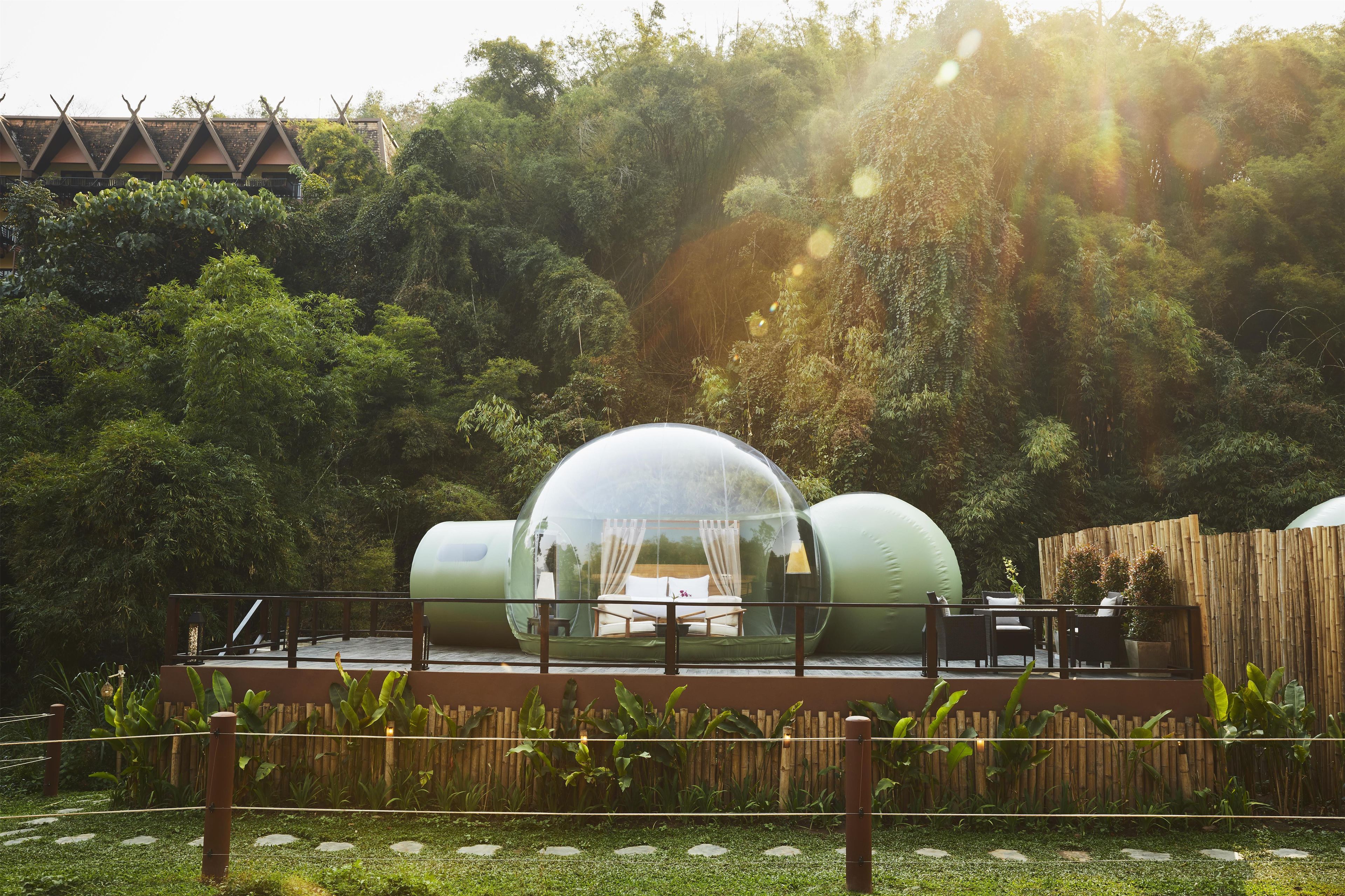 Estructuras con cúpulas transparentes y mobiliario interior, ubicadas en un jardín exuberante con una cerca de bambú y una terraza de madera.
