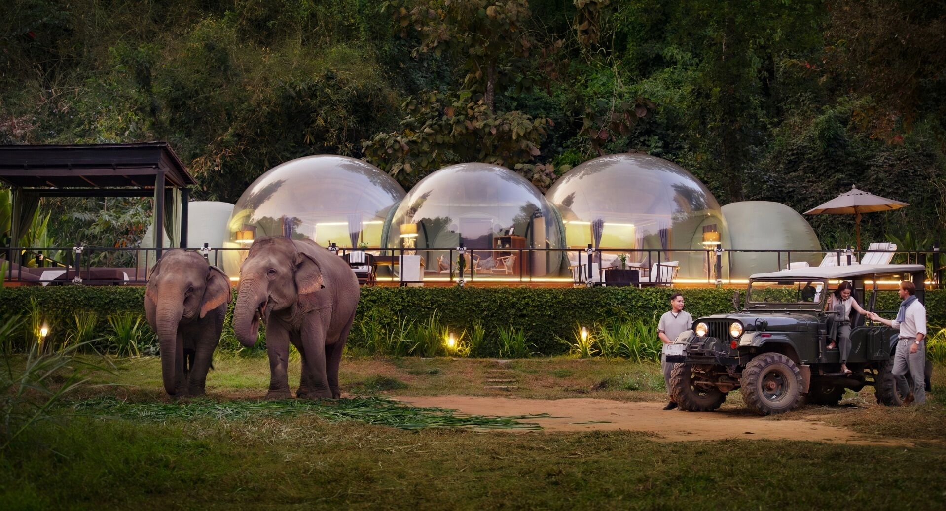 Een luxe eco-resort met transparante koepelvormige accommodaties, een olifantenverblijf en een safari-voertuig.