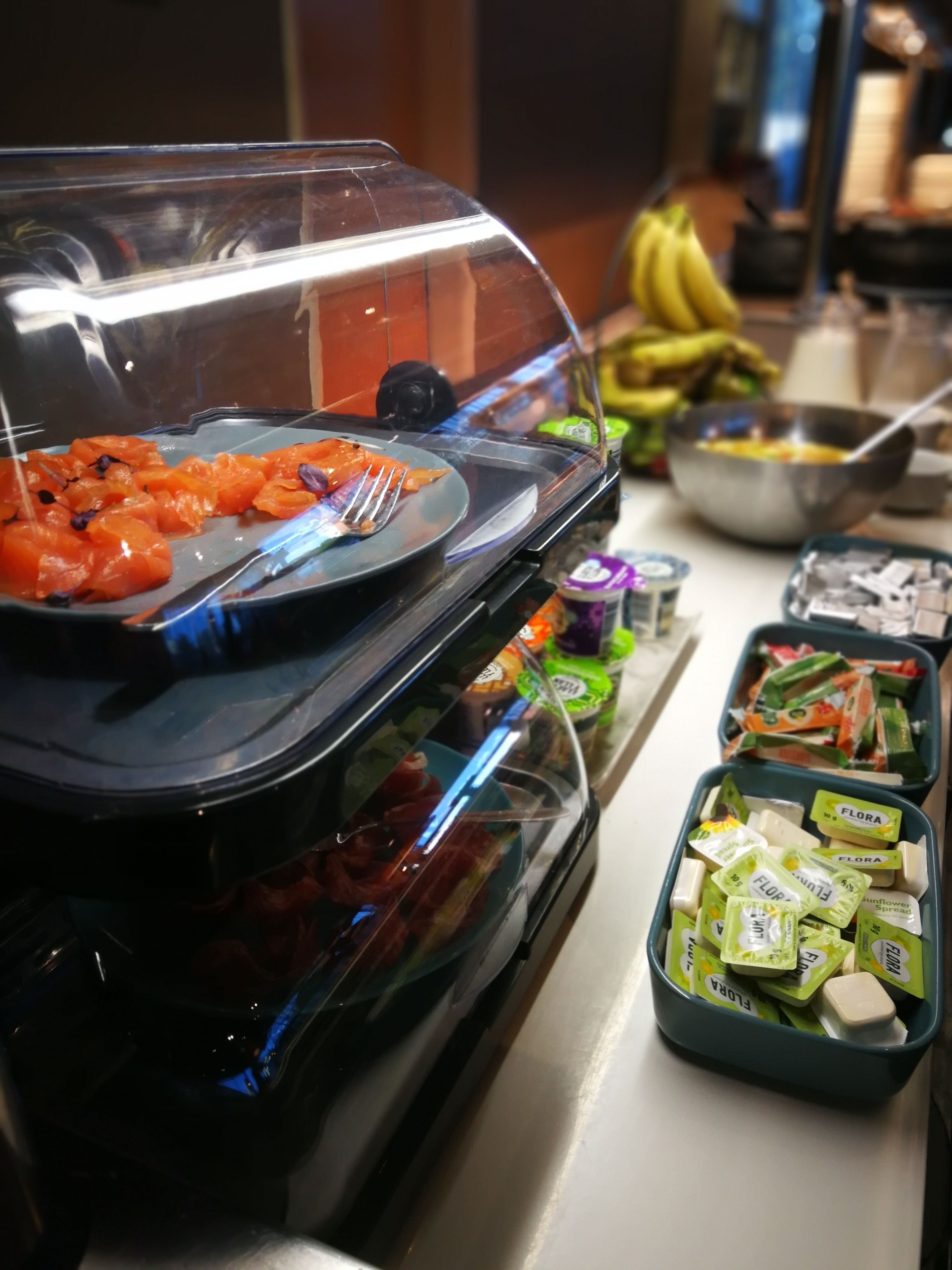A buffet with various food items including salmon, vegetables, and condiments.