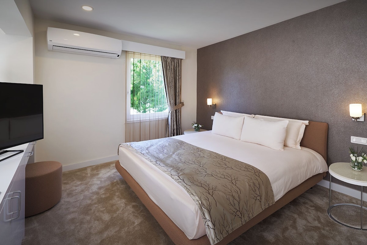 Een hotelkamer met een groot bed, een televisie, een tafeltje met een vaas en een airconditioning.