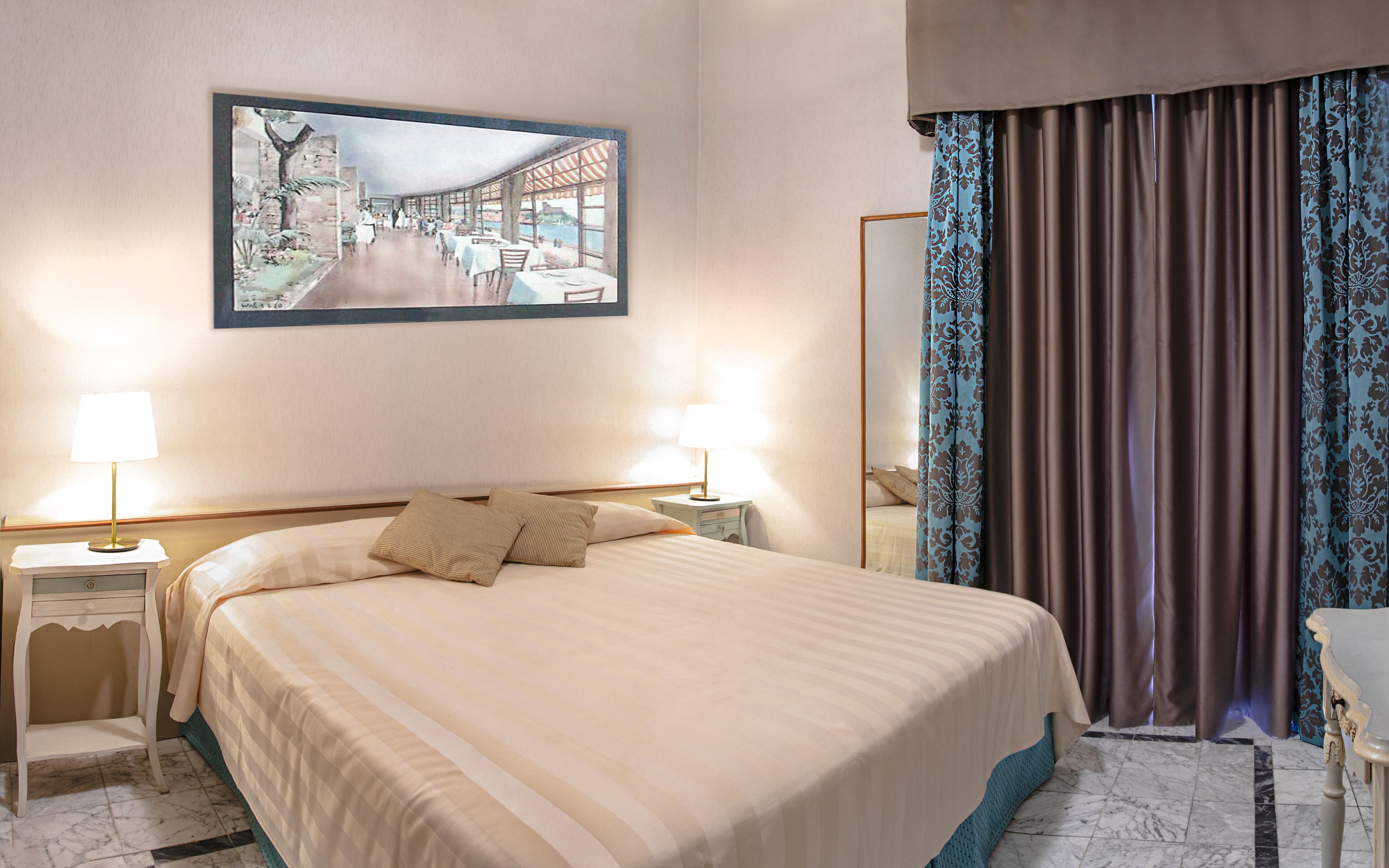 A hotel room with a large bed, two bedside tables with lamps, a painting on the wall, and a view through curtains.