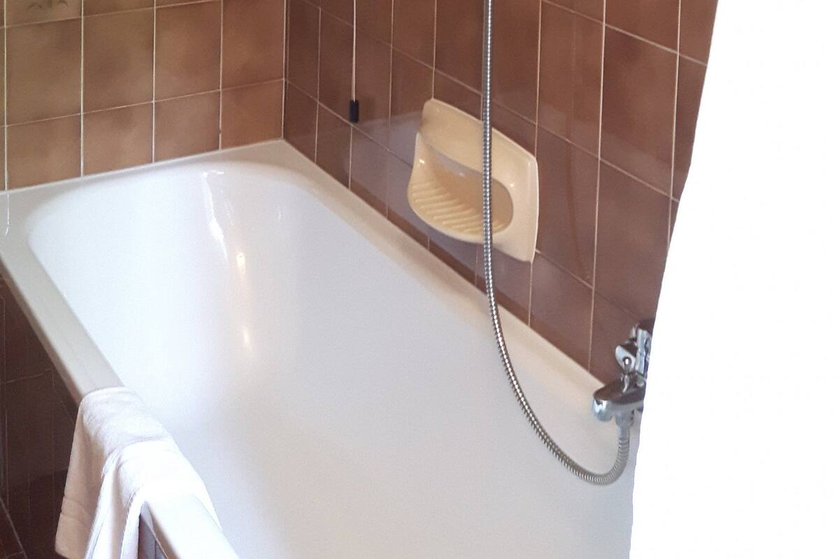 combined shower/bathtub, free toiletries, hair dryer, towels