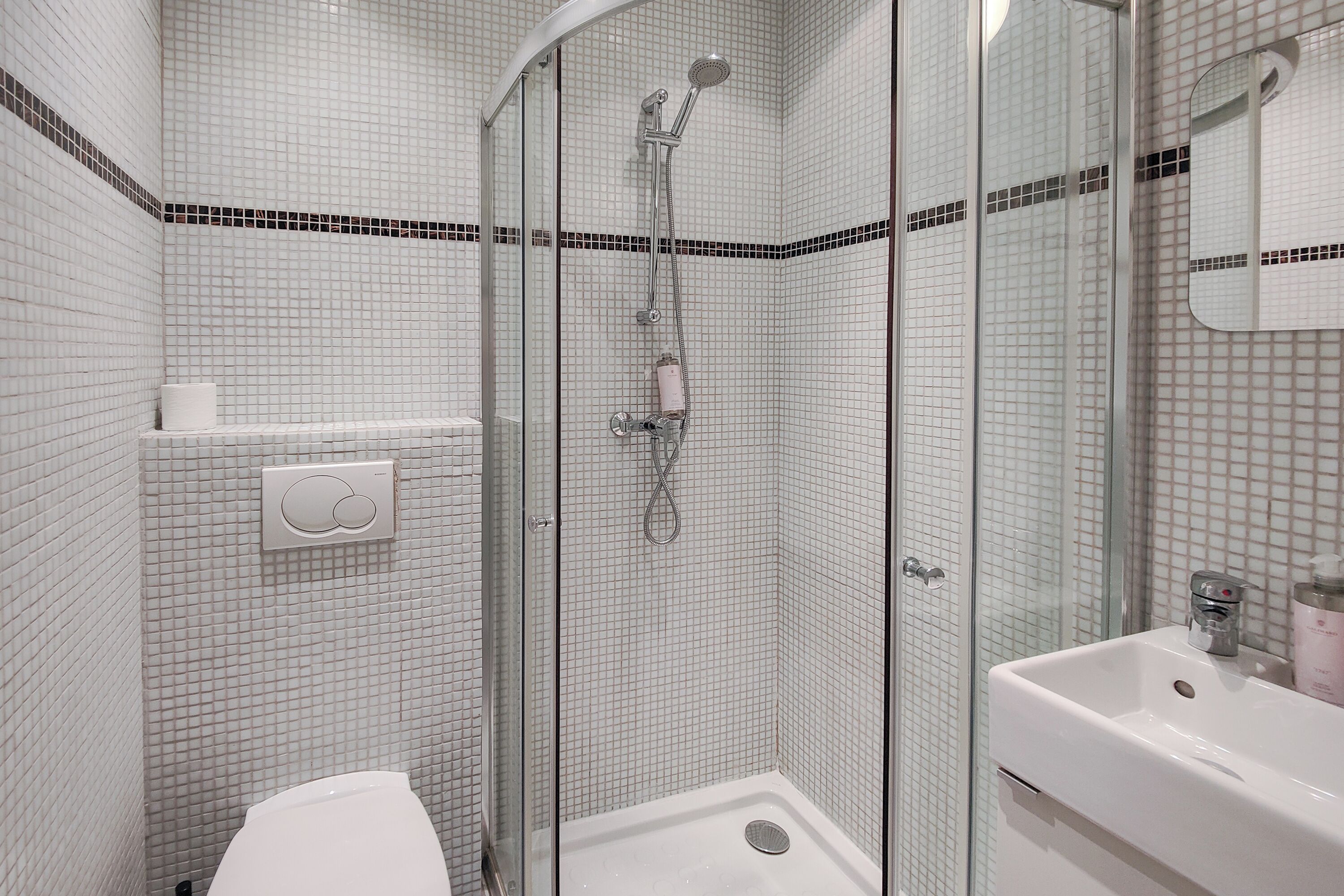 A bathroom with a glass-enclosed shower, a white toilet, and a sink with a mirror.